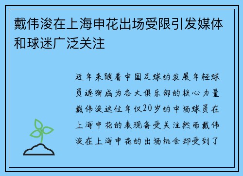 戴伟浚在上海申花出场受限引发媒体和球迷广泛关注