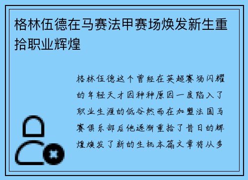 格林伍德在马赛法甲赛场焕发新生重拾职业辉煌
